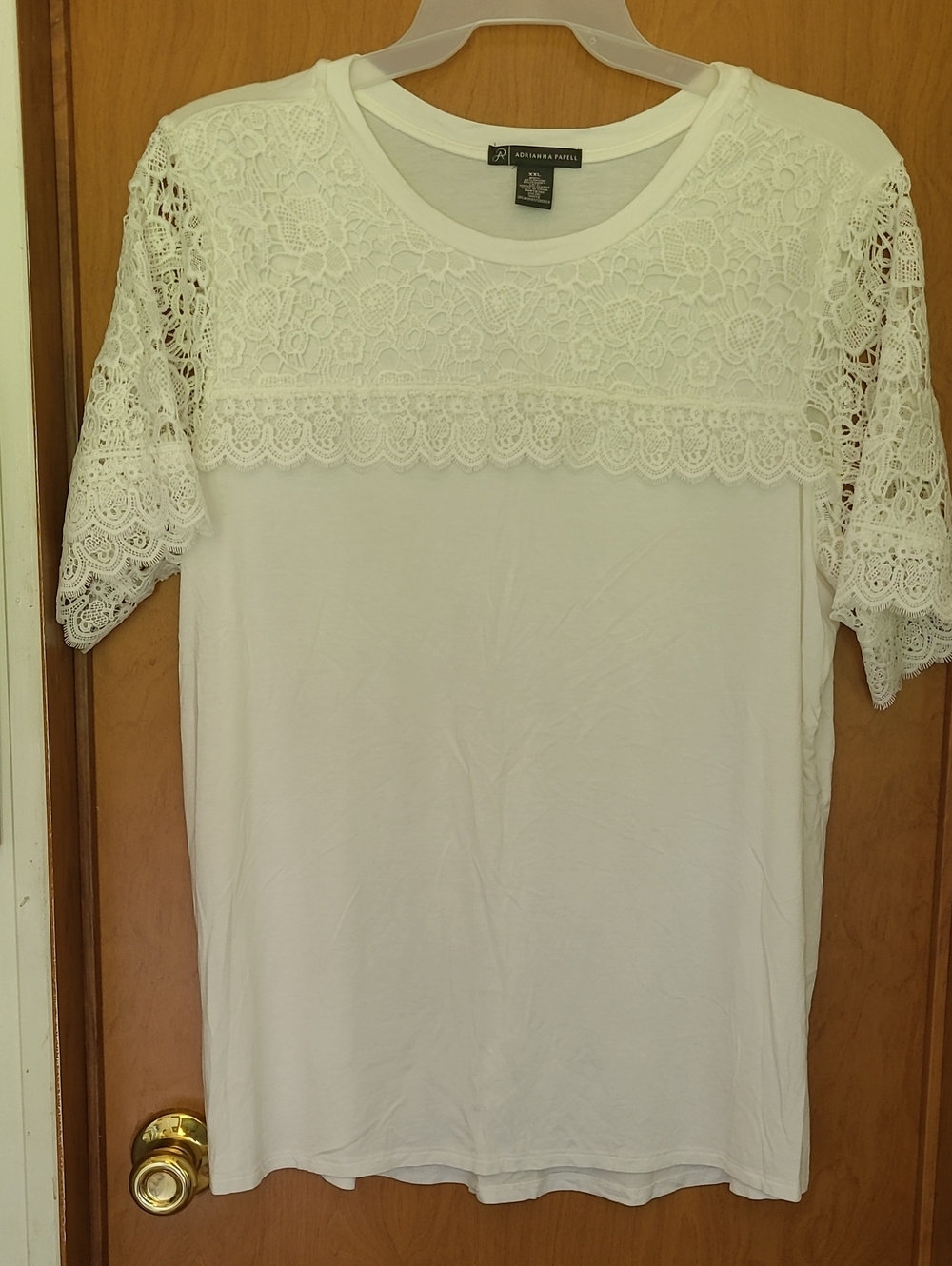 Adrianna Papell White Lace Yoke Short Sleeve Top